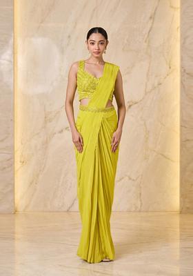 Lime Yellow Embroidered Handwork Pre Draped Saree Set