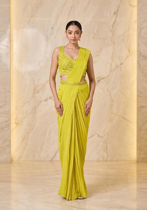 Lime Yellow Embroidered Handwork Pre Draped Saree Set