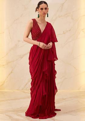 Deep Red Embroidered Handwork Pre Draped Saree Set