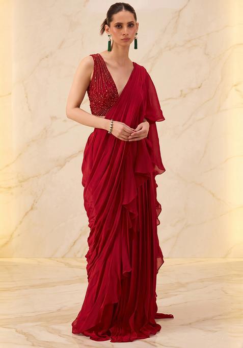 Deep Red Embroidered Handwork Pre Draped Saree Set