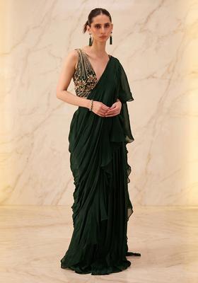 Bottle Green Embroidered Handwork Pre Draped Saree Set