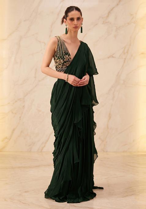 Bottle Green Embroidered Handwork Pre Draped Saree Set
