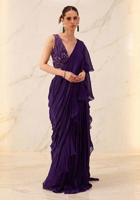 Deep Purple Embroidered Handwork Pre Draped Saree Set