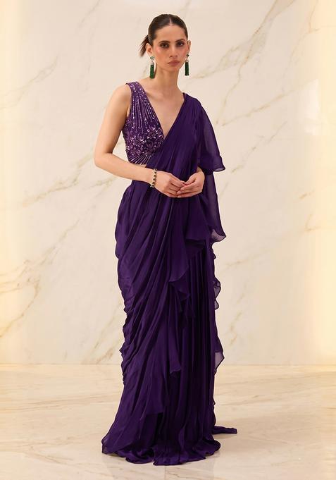Deep Purple Embroidered Handwork Pre Draped Saree Set
