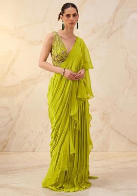 Lime Green Embroidered Handwork Pre Draped Saree Set