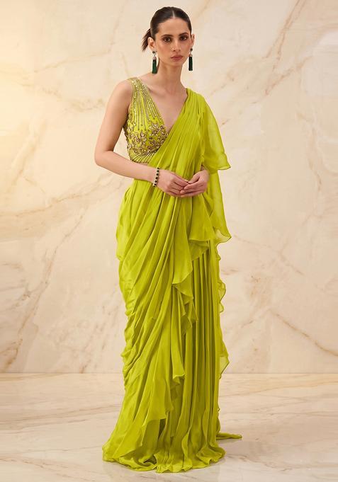 Lime Green Embroidered Handwork Pre Draped Saree Set