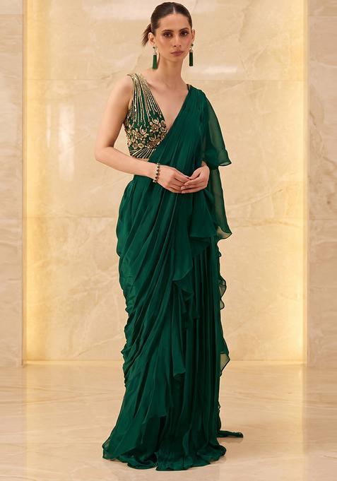 Emerald Green Embroidered Handwork Pre Draped Saree Set