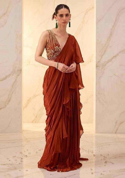Brown Embroidered Handwork Pre Draped Saree Set