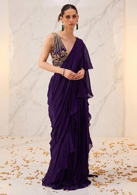 Purple Embroidered Handwork Pre Draped Saree Set