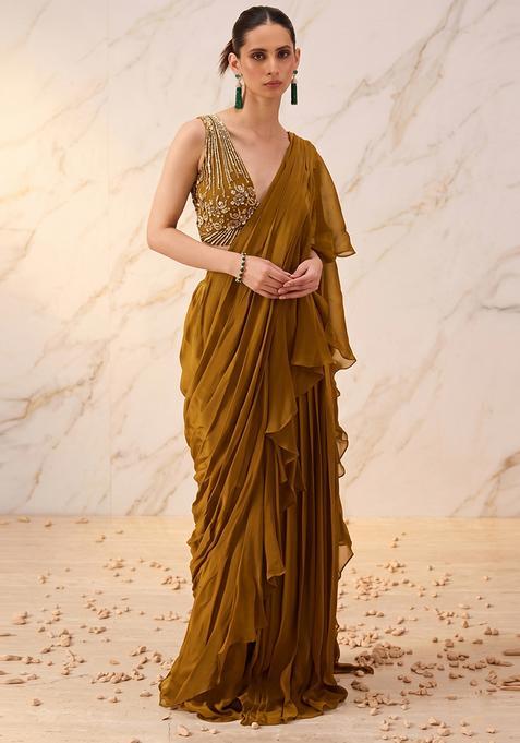 Olive Green Embroidered Handwork Pre Draped Saree Set