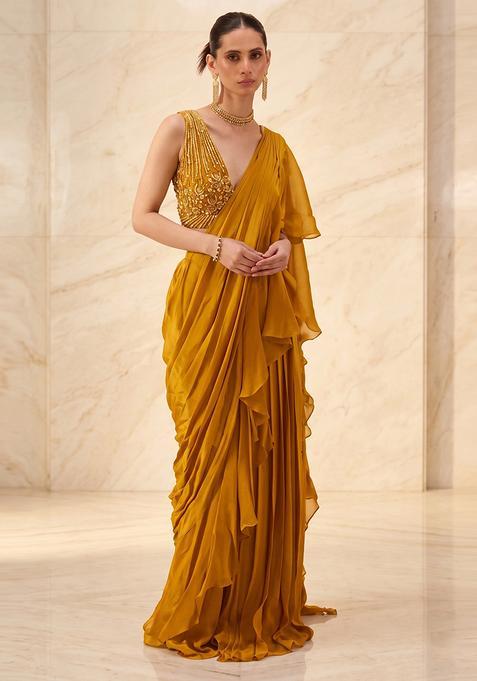 Mustard Embroidered Handwork Pre Draped Saree Set