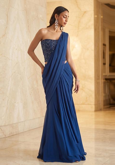 Royal Blue Embroidered Handwork Pre Draped Saree Set