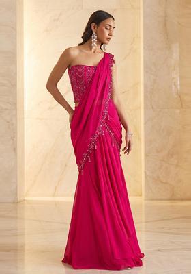 Magenta Embroidered Handwork Pre Draped Saree Set