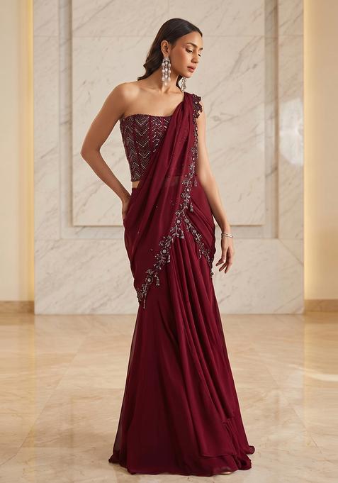 Wine Maroon Embroidered Handwork Pre Draped Saree Set