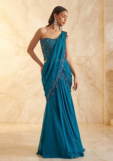 Teal Blue Embroidered Handwork Pre Draped Saree Set