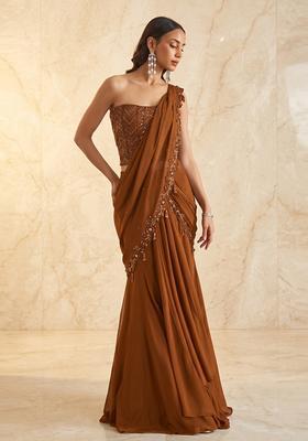 Rust Brown Embroidered Handwork Pre Draped Saree Set