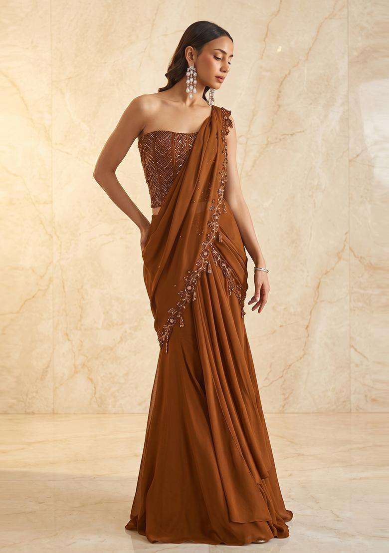 Rust Brown Embroidered Handwork Pre Draped Saree Set - Indya