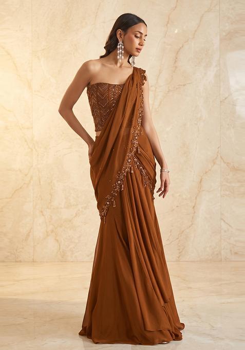 Rust Brown Embroidered Handwork Pre Draped Saree Set