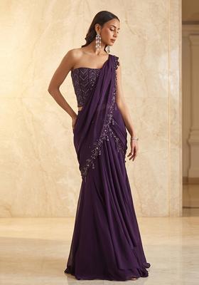 Deep Purple Embroidered Handwork Pre Draped Saree Set