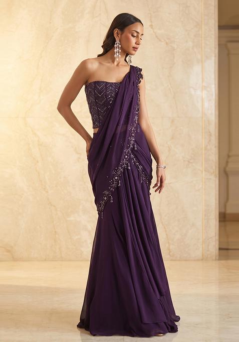 Deep Purple Embroidered Handwork Pre Draped Saree Set