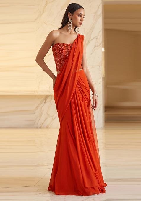 Rust Orange Embroidered Handwork Pre Draped Saree Set