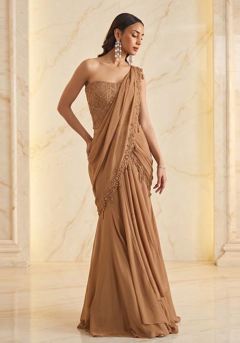 Beige Embroidered Handwork Pre Draped Saree Set
