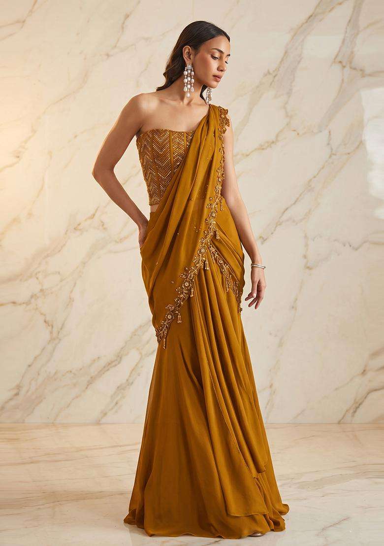 Olive Green Embroidered Handwork Pre Draped Saree Set - Indya