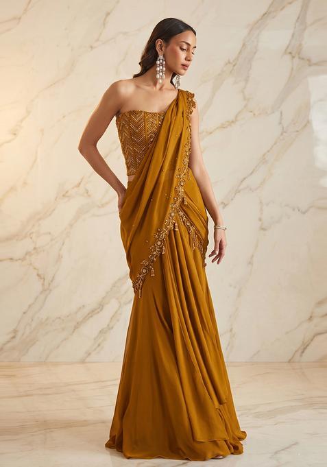 Olive Green Embroidered Handwork Pre Draped Saree Set