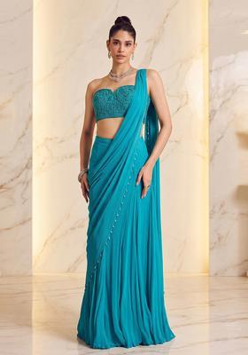 Turquoise Blue Embroidered Handwork Pre Draped Saree Set