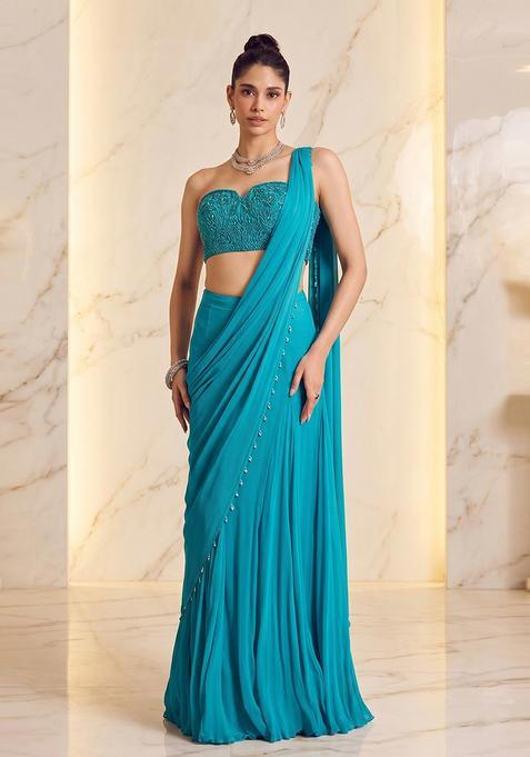 Turquoise Blue Embroidered Handwork Pre Draped Saree Set