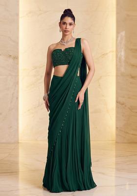 Emerald Green Embroidered Handwork Pre Draped Saree Set