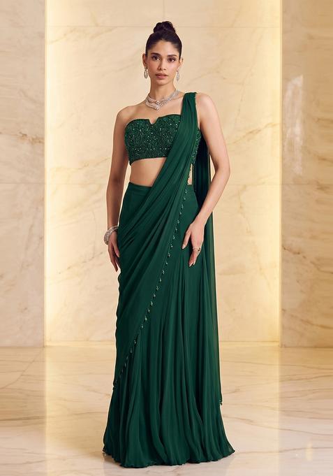 Emerald Green Embroidered Handwork Pre Draped Saree Set