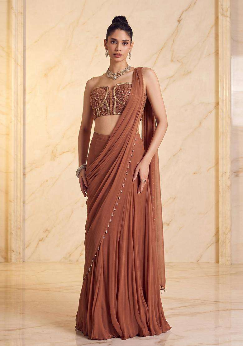Brown Embroidered Handwork Pre Draped Saree Set - Indya