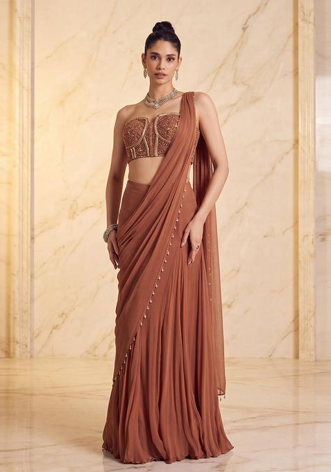Brown Embroidered Handwork Pre Draped Saree Set