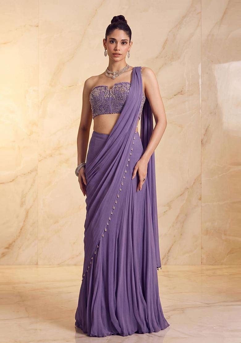 Lavender Embroidered Handwork Pre Draped Saree Set - Indya