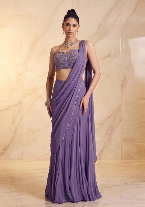 Lavender Embroidered Handwork Pre Draped Saree Set