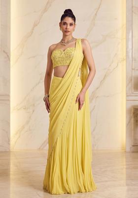 Lime Yellow Embroidered Handwork Pre Draped Saree Set