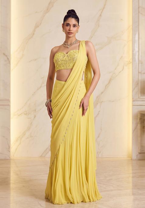 Lime Yellow Embroidered Handwork Pre Draped Saree Set