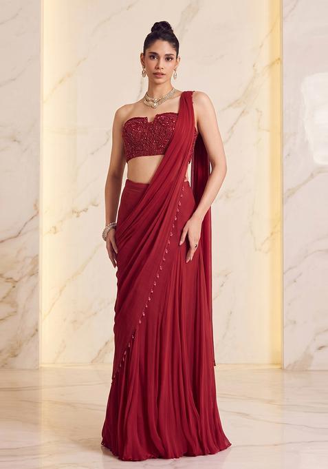 Wine Red Embroidered Handwork Pre Draped Saree Set