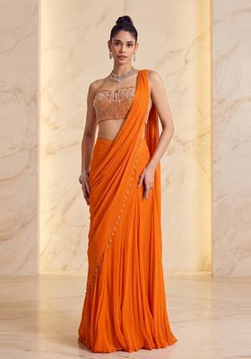 Orange Embroidered Handwork Pre Draped Saree Set