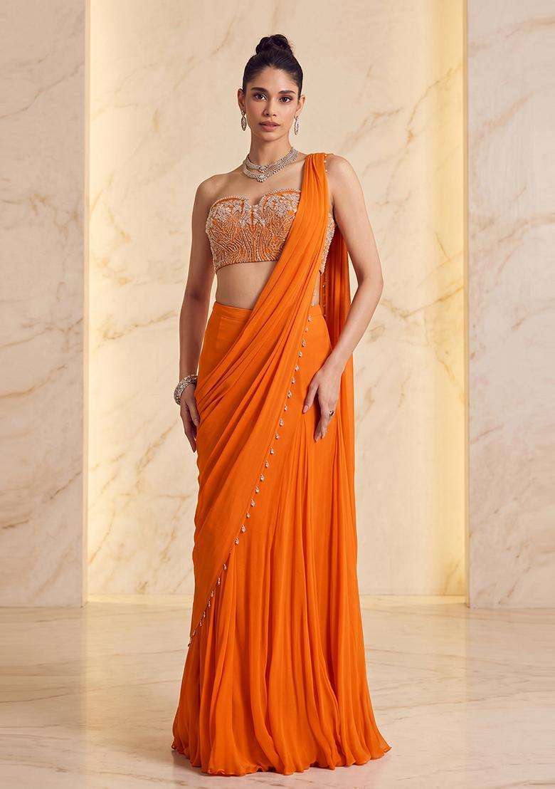 Orange Embroidered Handwork Pre Draped Saree Set - Indya