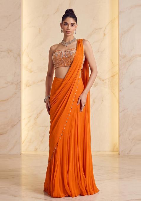 Orange Embroidered Handwork Pre Draped Saree Set