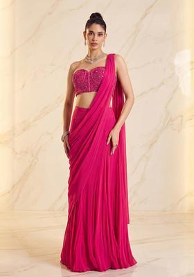 Rani Pink Embroidered Handwork Pre Draped Saree Set