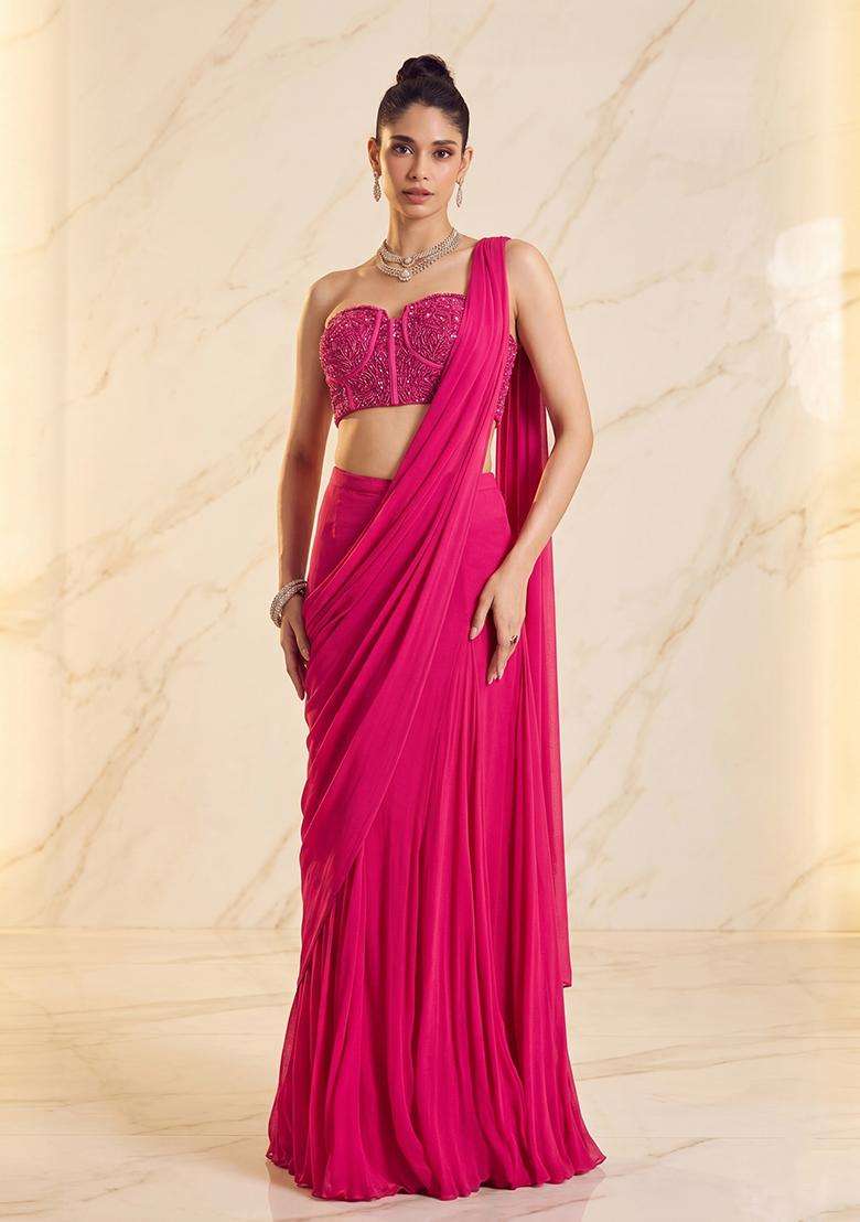 Rani Pink Embroidered Handwork Pre Draped Saree Set - Indya