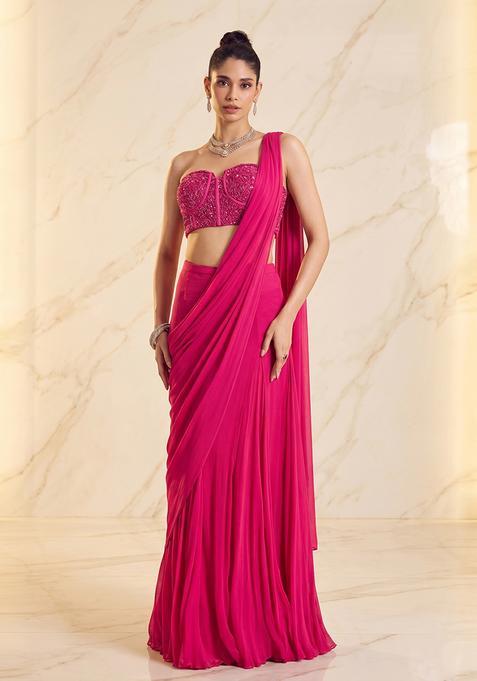 Rani Pink Embroidered Handwork Pre Draped Saree Set