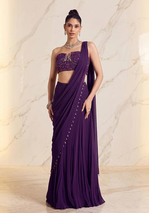 Deep Purple Embroidered Handwork Pre Draped Saree Set