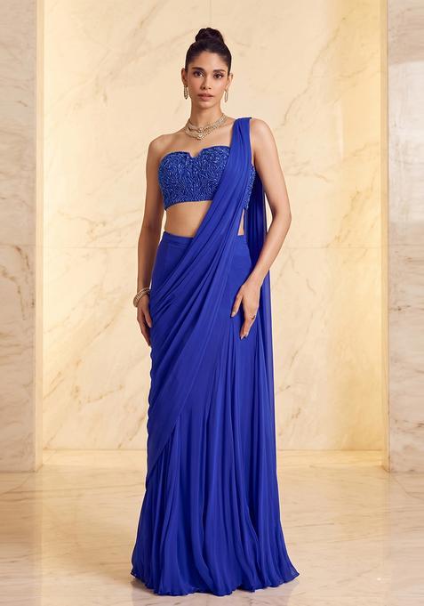 Royal Blue Embroidered Handwork Pre Draped Saree Set