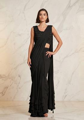 Black Embroidered Handwork Pre Draped Saree Set