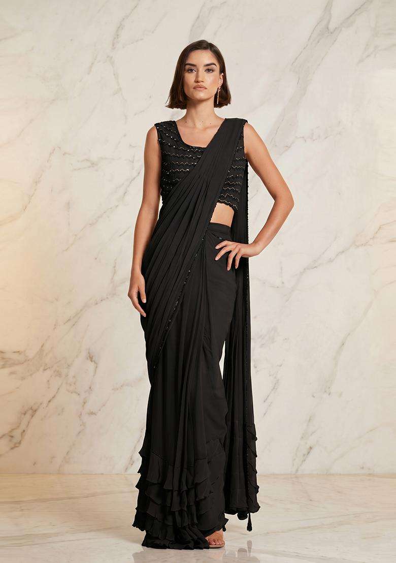 Black Embroidered Handwork Pre Draped Saree Set - Indya