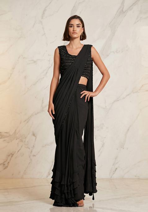 Black Embroidered Handwork Pre Draped Saree Set